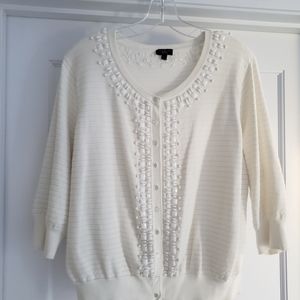 Talbott Woman Petites 2X beaded white button down sweater